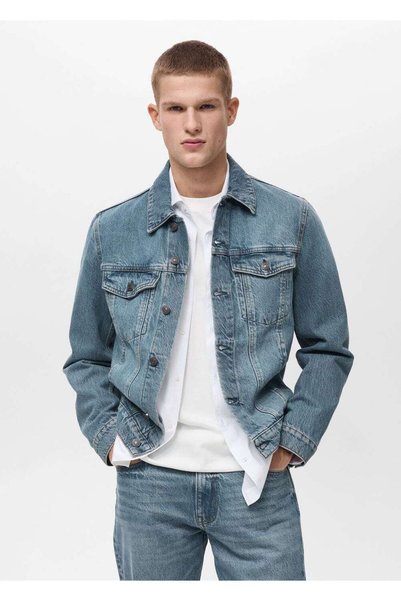 Denim jacket with distressed look pockets