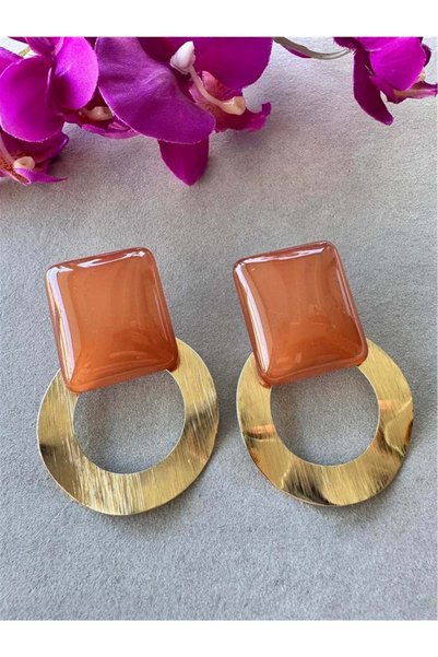 Tan Square Stone Gold Large Plate Earrings