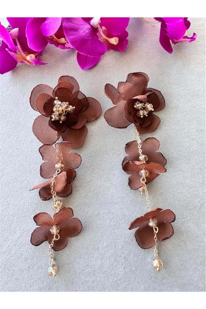 Brown Organza Flower Earrings