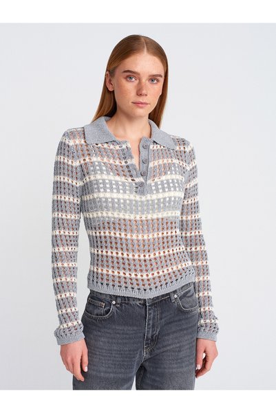 10724 Polo Neck Openwork Buttoned Knitwear Sweater-Gray-Ecru