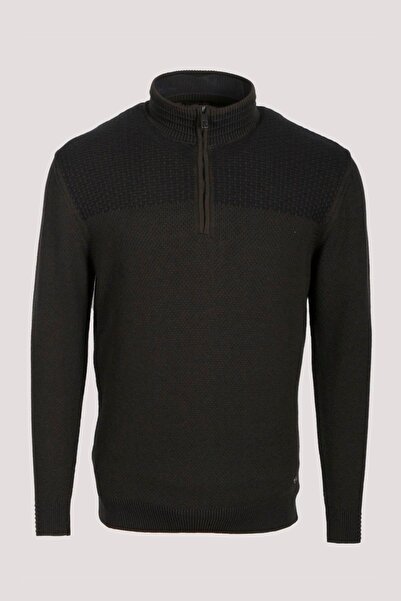 Машки плетен џемпер со полу-патент, каки, Slim Fit, памучен JEANS 3709