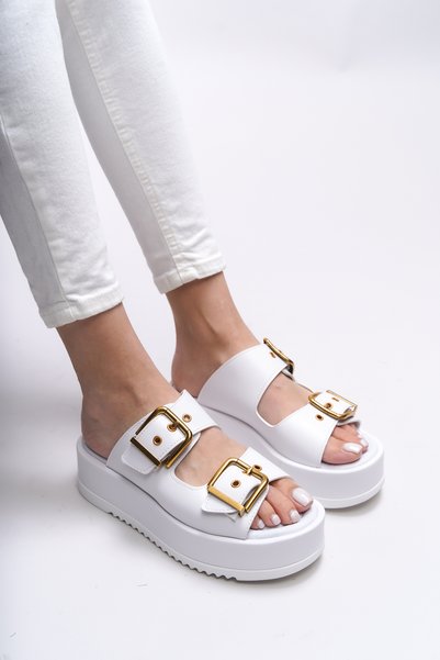 Winledha Women's Double Buckle Slippers 001278 White Skin