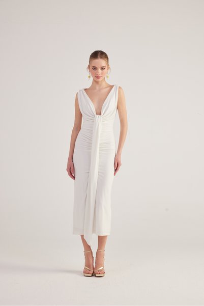 V-Neck Slit Lined Long Kate Dress White