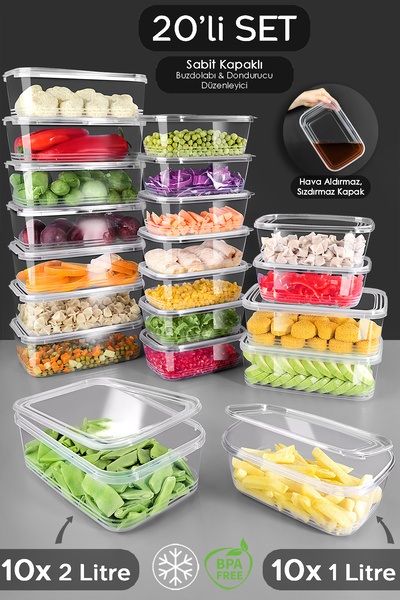 Set of 20 Leak-Proof Self-Clamshell Storage Containers - Airtight Food Container Suitable for Deep Freezer