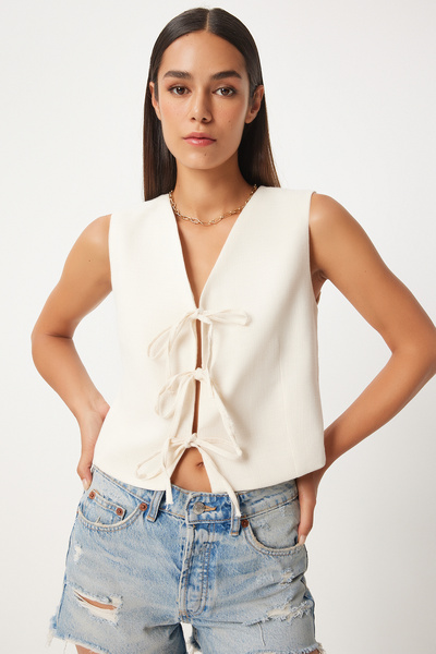 Linen Cream Vest - Bow, Lgp0005