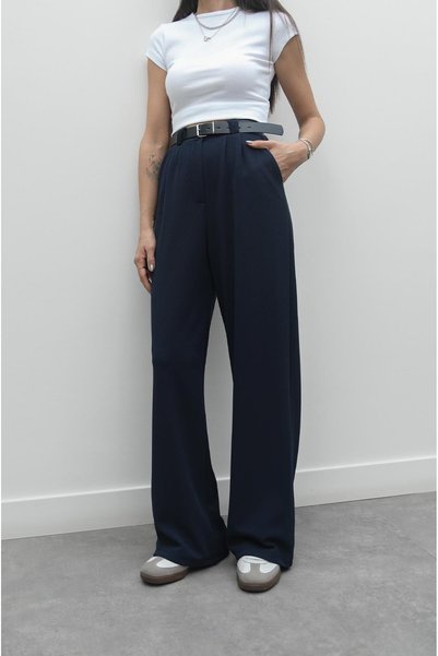 Navy Heche Pleated Belted Trousers