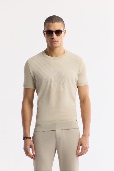 Men's Beige Crew Neck Viscose Blend Textured Knit Regular Fit T-Shirt A51Y5163