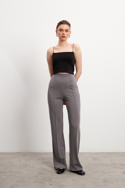 Women's Gray High Waist Ribbed Stitched Stretchy Pants