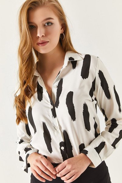 Women's Black Brush Patterned Long Sleeve Shirt ARM-22Y001016