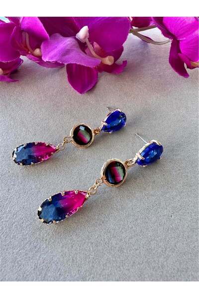 Navy Blue Glass Crystal Drop Earrings