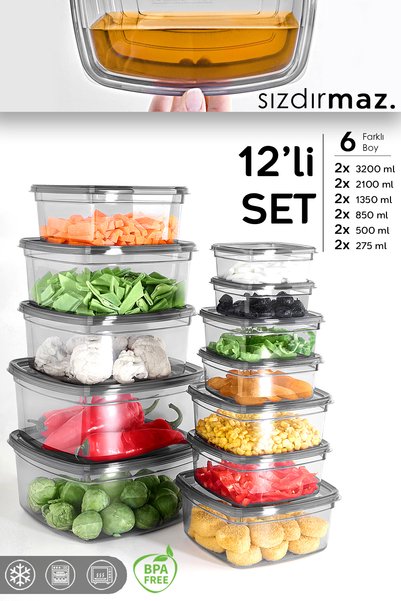 Set of 12 Square Leakproof Storage Containers - Microwave Safe Organizer Food Container Anthracite