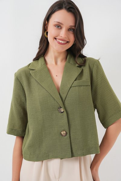 0706 Crop Linen Jacket - Khaki