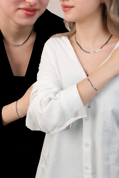 Steel Color Resistant Italian Flat Crushed Chain Necklace Bracelet Set