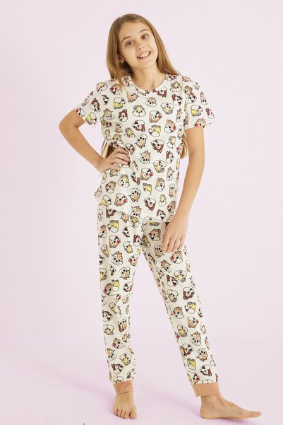 Ecru Girl's 100% Cotton Animal Printed Crew Neck Pajamas Suit 25110051