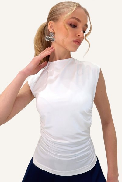 Women's White Crew Neck Back Low-Cut Drawstring Sandy Blouse Alc-X13452