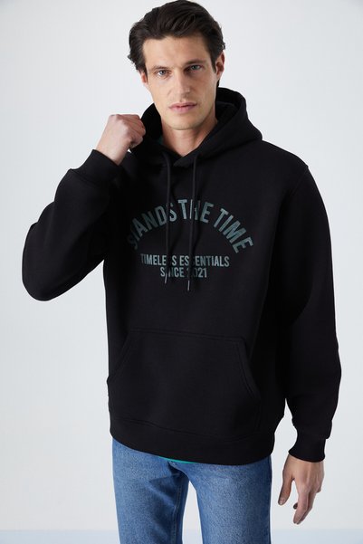 Wulf Men's Organic Fabric Soft Fleece Hooded Black Sweatshirt with Kangaroo Pocket