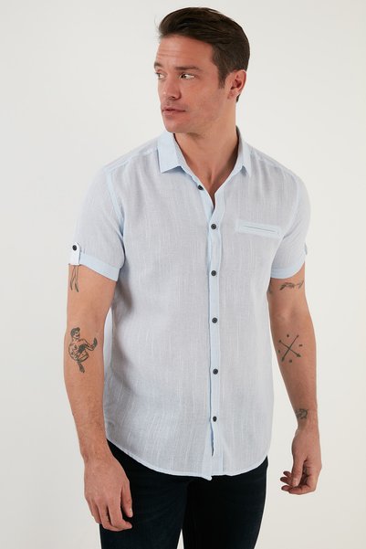 100% Cotton Linen Look Slim Fit Short Sleeve Shirt Men's Shirt Cf21s111766