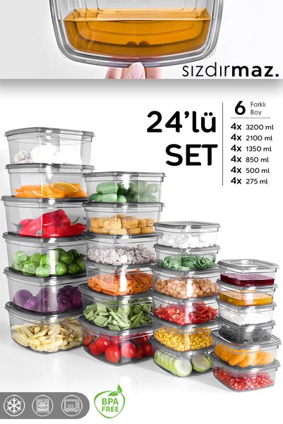 Set of 24 Square Leakproof Storage Containers - Microwave Suitable Organizer Food Container Anthracite