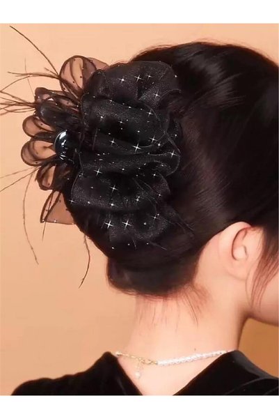 Black Stone and Feather Frilly Latch Buckle Medium Size