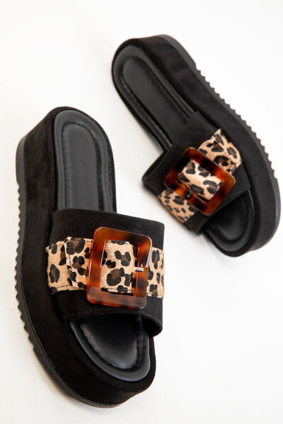 Black Suede-Leopard Women's Slippers 20293