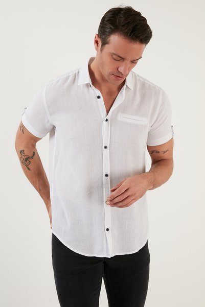 100% Cotton Linen Look Slim Fit Short Sleeve Shirt Men's Shirt Cf21s111766
