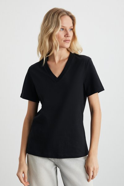 Alıne Women's 100% Organic Cotton Deep V-Neck Comfort Fit Black T-Shirt