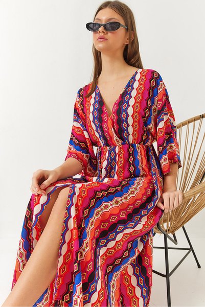 Women's Fuchsia Orange Double Breasted V-Neck Front Slit Detailed Patterned Dress 60261411