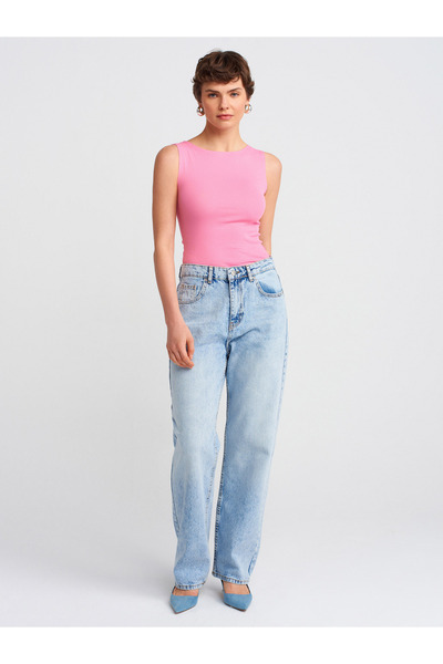 71782 100% Cotton Snow Wash Denim Mom Pants-Blue