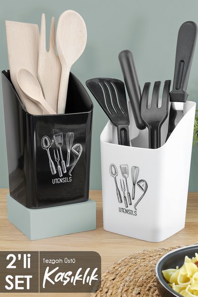 2-Piece Countertop Cutlery Holder - Kitchen Organizer Organizer Ladle Spoon Knife Stand Black White