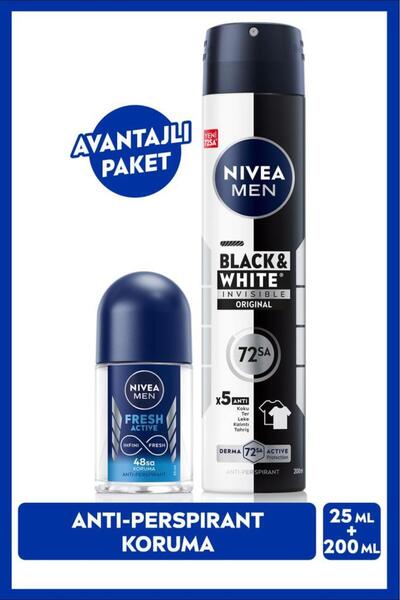 Машки спреј дезодоранс Black & White Invisible Original 200ml и Fresh Active Mini Roll-on 25