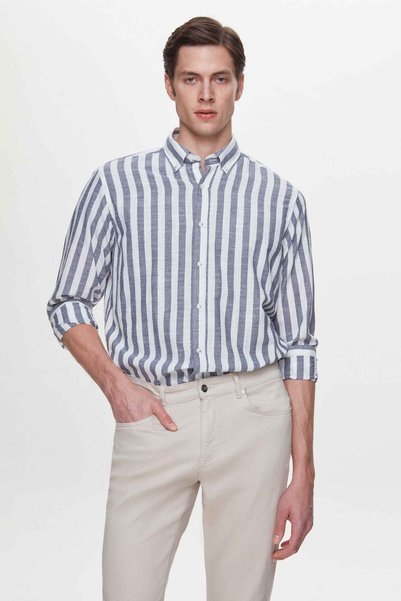 Ds Damat Comfort Navy Blue Striped Linen Blended Shirt