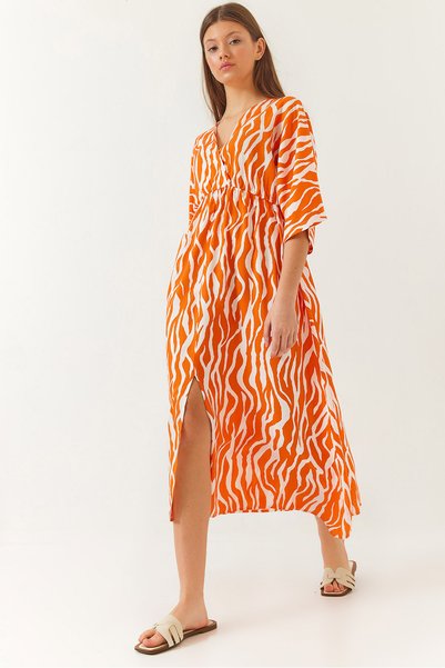 Women's Orange Double-Breasted V-Neck Patterned Dress with Front Slit Detail 60261411