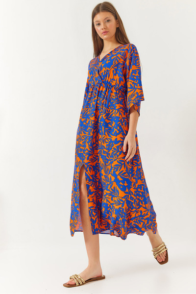 Women's Orange Blue Double Breasted V-Neck Front Slit Detailed Patterned Dress 60261411