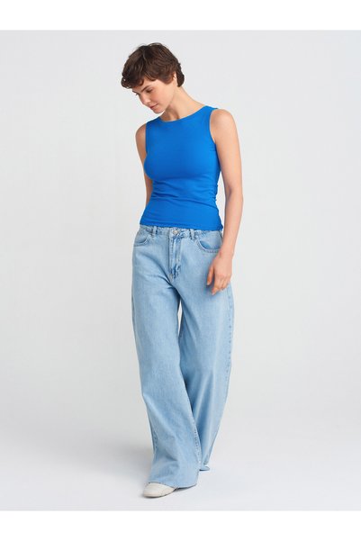 71787 100% Cotton Wide Leg Denim Trousers-Blue