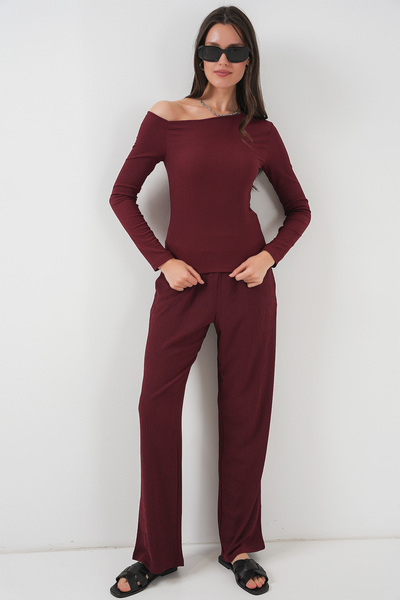 6708 Off-Shoulder Bottom Top Set - Claret Red