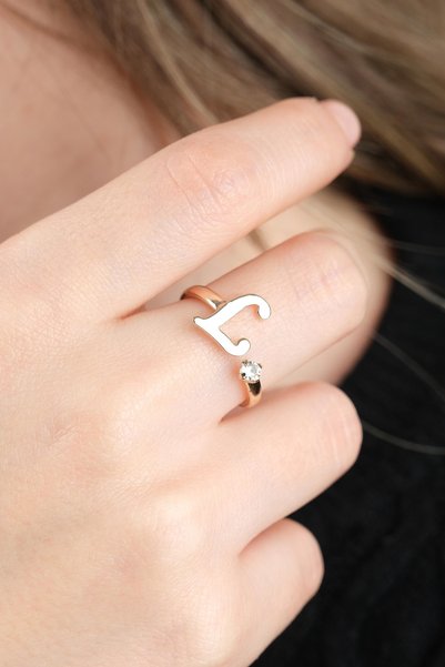 Women's Yellow Plated Tarnish-Resistant Adjustable Zircon Stone Letter Ring