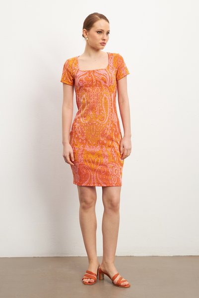 Women's Square Neck Orange Patterned Short Sleeve Dress