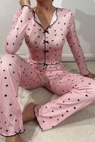 V-Neck Printed Long Pajama Set with Bow Detail