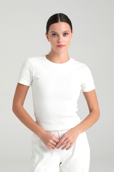 Soft Rib Round Neck Short Sleeve Blouse Ecru