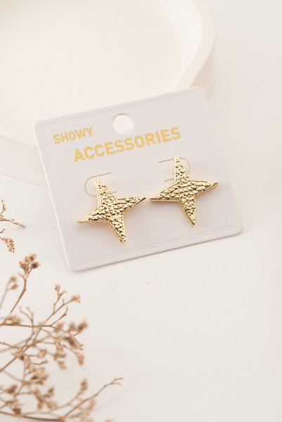 Women's Yellow Plated Textured Star Earrings - Fade Resistant Brass