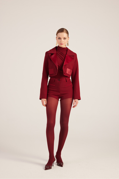 Camila Crop Blazer Jacket with Satin Collar Detail in Burgundy