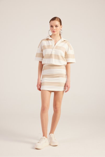 Polo Neck Striped Mini Pamela Dress Beige