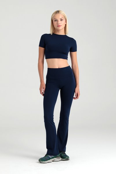 Soft Touch High Waist Flared Trousers Navy Blue