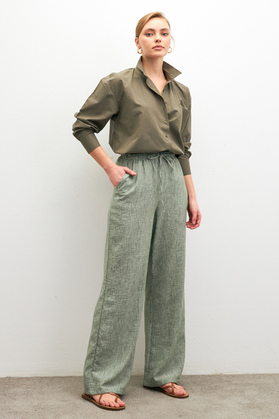 Women's Dark Green Linen Blended Loose Cut Trousers