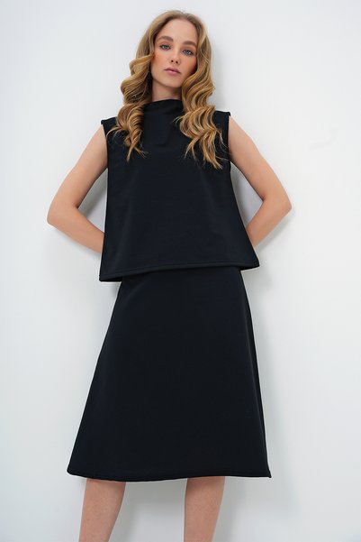 Women's Black Stand Collar Sleeveless Blouse Skirt Suit Alc-X13485
