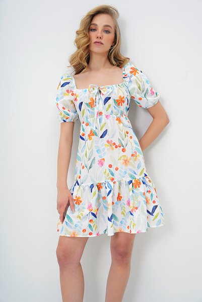 Women Blue-Green Madonna Collar Balloon Sleeve Floral Print Dress Alc-X13748