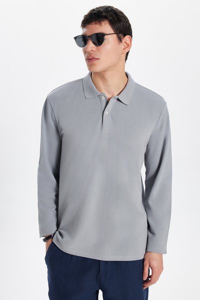 Men's Standard Fit Relaxed Fit Cotton Soft Texture Solid Pique Long Sleeve Gray Polo Neck T-Shirt