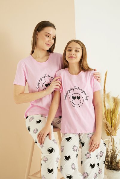 Pink Patterned Cotton Crew Neck Knitted Pajama Set 25107127