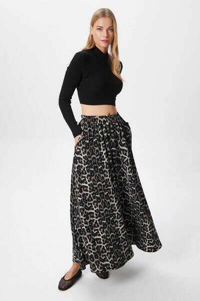 Women's Luna Elastic Waist Pocket Gray Leopard Long Maxi Length Skirt
