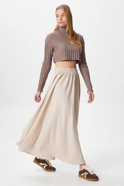 Women's Luna Elastic Waist Pocket Light Beige Long Maxi Length Skirt